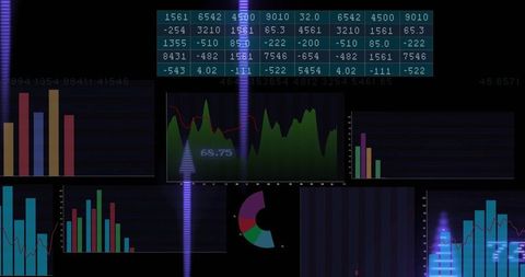 Futuristic neon analytics dashboard displaying glowing charts, table and donut chart