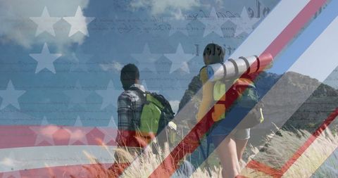 Patriotic Adventure: Diverse Couple Hiking Over American Flag Overlay