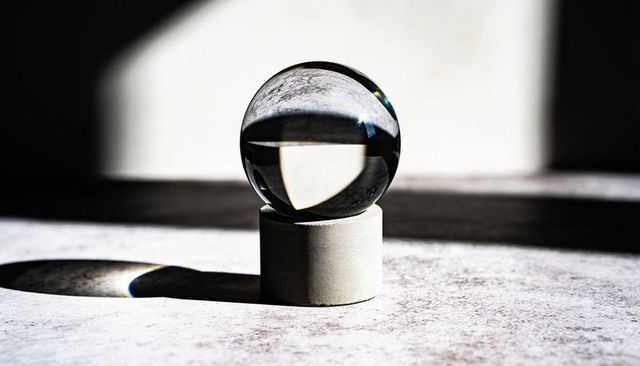 Glass sphere reflecting window and casting shadow on concrete plinth in daylight