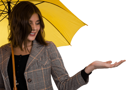 Caucasian Woman in Plaid Coat Holding Yellow Umbrella on Transparent Background