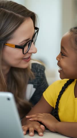 Vertical video: Tutor guiding young student on tablet while laughing and learning at home
