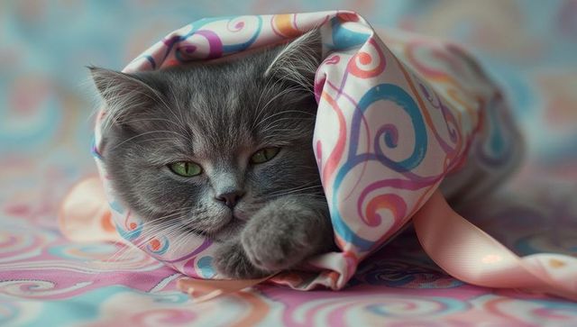 Cozy grey cat nestled in pastel swirl pattern fabric