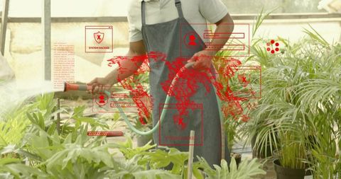 Gardener watering greenhouse plants with hose amid red hacking overlay and data graphics