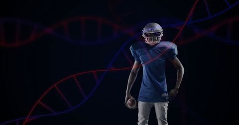 Football Player in Gear with Futuristic DNA Helix Backdrop