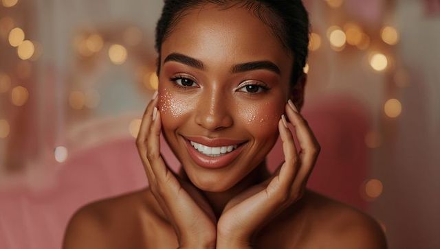 Elegant smiling woman with glitter makeup in soft light
