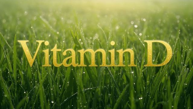 Golden Vitamin D Text Glowing Over Dewy Grass at Sunrise for Wellness Branding
