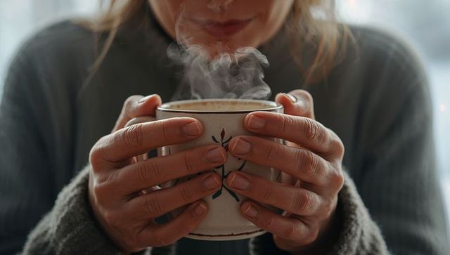 Cozy winter morning woman cradling steaming ceramic mug with knit sweater close-up