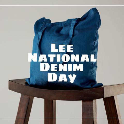 denim tote bag on wooden stool with lee national denim day text - Download Free Stock Templates Pikwizard.com