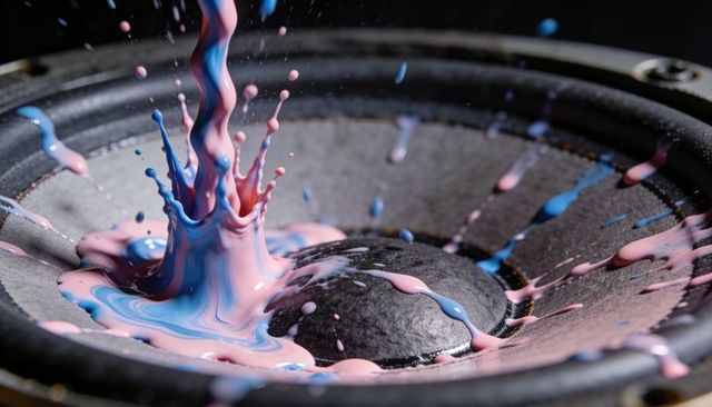 Pastel paint erupting from speaker cone creating glossy crown of droplets