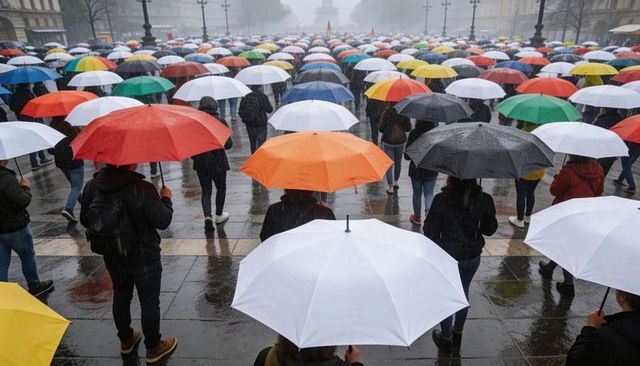 Hundreds holding colorful umbrellas walking through rain on reflective urban plaza