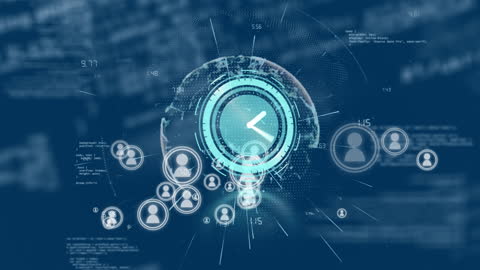 Digital Clock Interface with Global Connections and Technology Icons