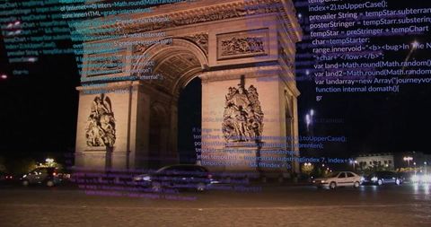 Arc de triomphe glowing at night with digital code overlay and circling car light trails