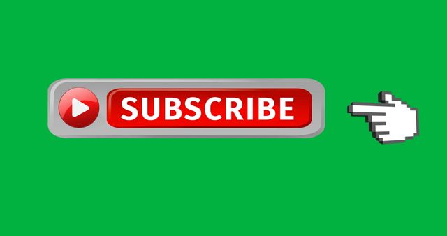 Red and white subscribe button with play icon and hand cursor on green background, ideal for online content creators, channels, websites, and social media graphics. Te suitable for use in blogs, websites, marketing, and media elements.