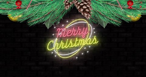 Festive merry christmas neon sign with evergreen decor