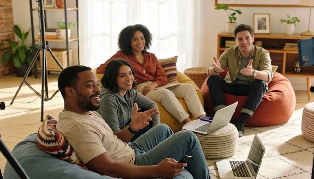 Casual living room team chatting and collaborating with laptops and smartphones in daylight