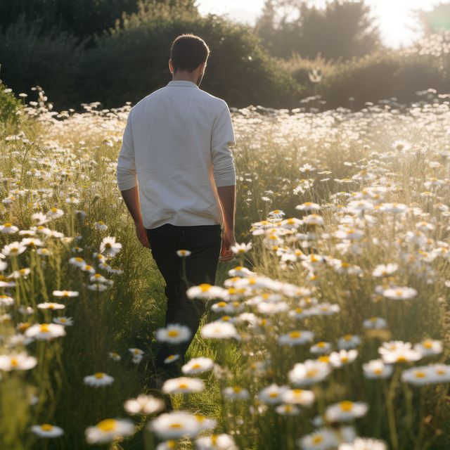 Caucasian man walking in meadow with multiple white daisies created using generative ai technology. Flowers, nature and harmony concept digitally generated image.