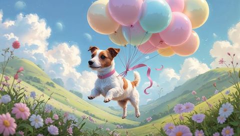 Dog Levitating Above Meadow with Pastel Balloons
