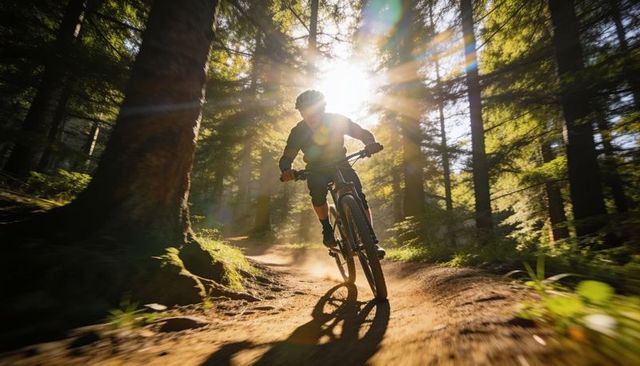 Mountain biker leaning into turn on sunlit conifer singletrack kicking dust