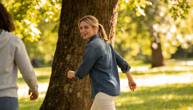 Blonde woman walking through sunlit park in denim shirt and light pants enjoying outdoors