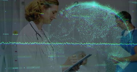 Doctor Reviewing Tablet Using Holographic Technology in Hospital