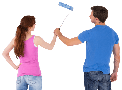 Couple enjoying wall painting activity on transparent background
