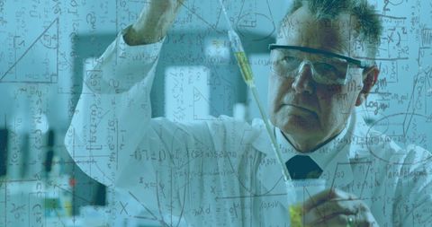 Senior scientist conducting laboratory experiment with mathematical formulas overlay