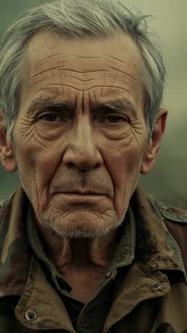 Pushing-in vertical close-up of senior man in camo jacket in fog showing weathered wrinkles