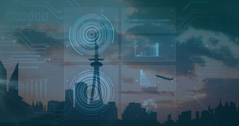 digital interface overlooking cityscape at sunset - Download Free Stock Images Pikwizard.com