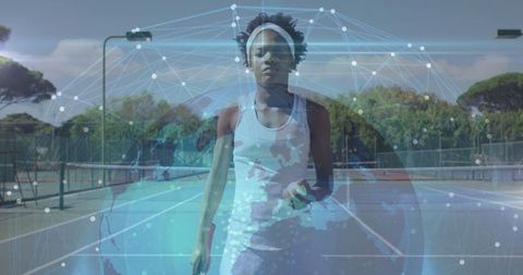 Female Tennis Player with Digital Connectivity at Outdoor Court