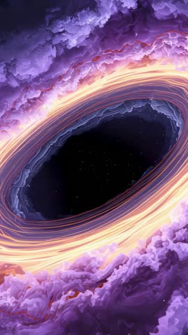 Vertical zooming camera revealing glowing accretion ring rotating around cosmic void