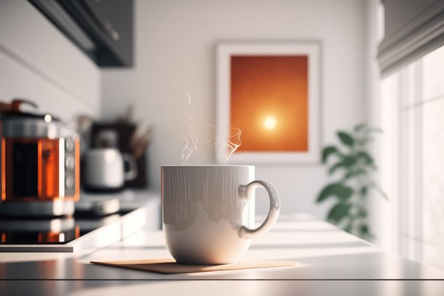 Steaming cup of coffee placed on a kitchen counter in a brightly lit room. Perfect for concepts related to morning routines, relaxation, comfort, and keeping warm. Ideal for use in blogs, websites, and advertisements about home life, breakfast, and coffee culture.