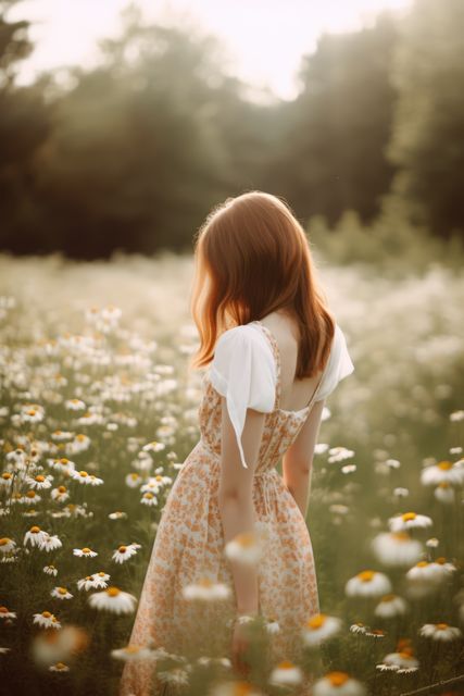 Caucasian woman walking in meadow with multiple white daisies created using generative ai technology. Flowers, nature and harmony concept digitally generated image.