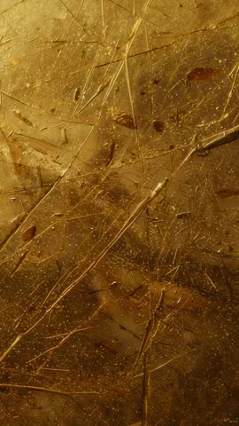 Shifting camera revealing amber resin slab with scratches, fibers and bubbles in warm golden light