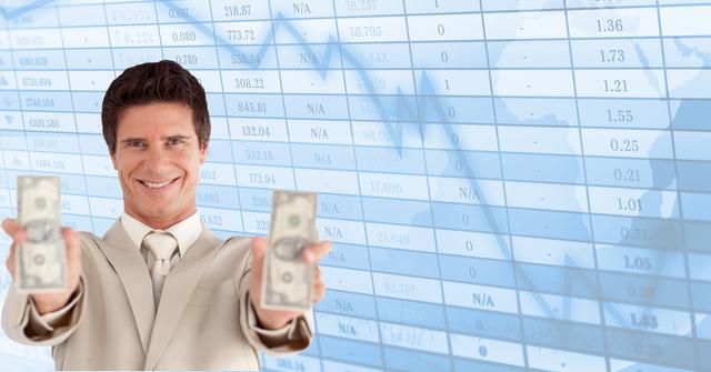 Businessman in suit holding dollar bills with financial data background. Ideal for use in financial services, investment promotions, economic growth presentations, and corporate success stories.