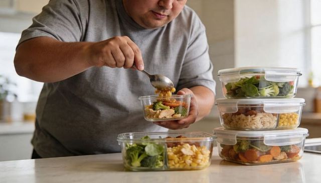 Asian man packing healthy meal prep containers rice, broccoli, corn, chicken