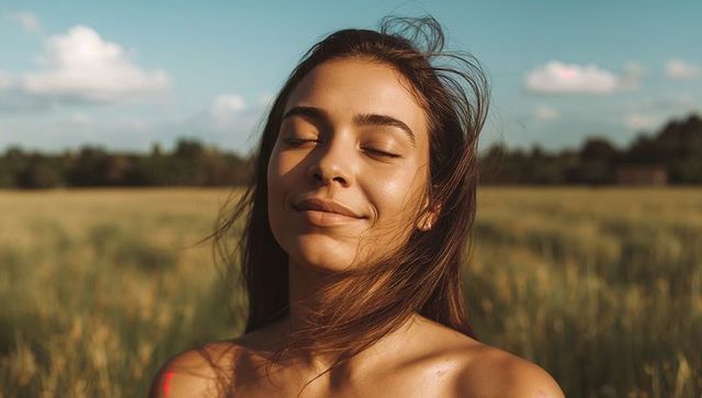 Young woman basking in golden hour sunlight, eyes closed, windblown hair, bare shoulders