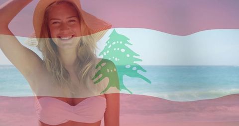Smiling Woman on Sunny Beach with Lebanese Flag Overlay