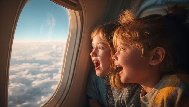 Excited Sisters Enjoying Airplane View Over Clouds