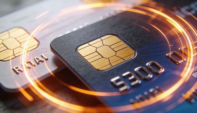 Contactless payment showing emv chip closeup on stacked credit cards with light trails