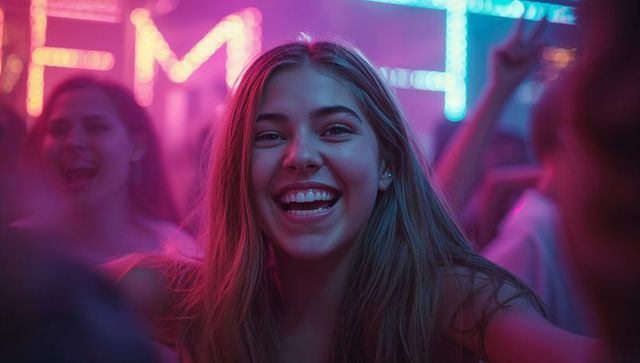 Young Woman Enjoying Nightclub with Neon Lights