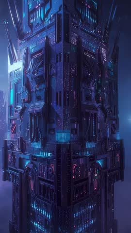 Vertical futuristic tower rising above clouds with glowing control panels and neon antennae