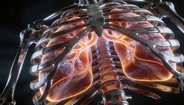 Glowing thorax with metallic ribs and illuminated lungs showing bronchi and vasculature