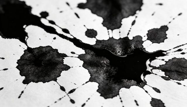 Glossy black ink flowing on textured paper with radial splatter blot and macro contrast