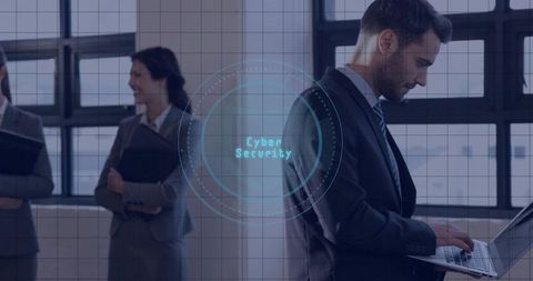 Businessman typing on laptop with cyber security hud overlay in corporate workspace