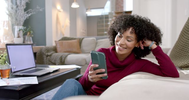 Happy Woman Relaxing at Home Using Smartphone - Download Free Stock Images Pikwizard.com