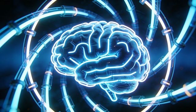 Neon holographic brain surrounded by glowing data rings and circuit patterns