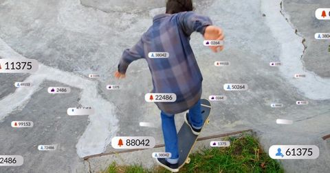 Adult male skater dropping into concrete bowl with skateboard and ar social metrics overlay