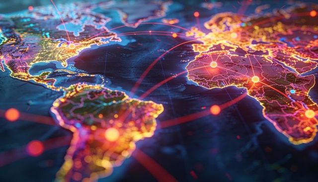 Global digital network map showing neon hubs, city lights and intercontinental data routes