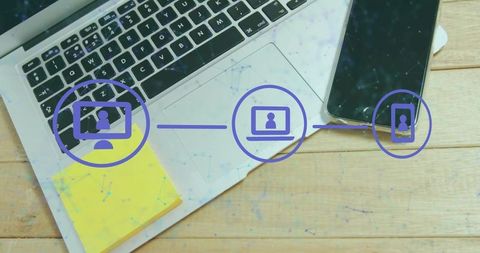 Cross-Device Collaboration with Laptop Smartphone Sticky Notes and Network Icons