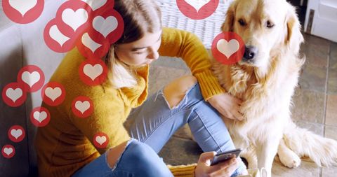 Woman and Golden Retriever Enjoy Togetherness Admired by Hearts